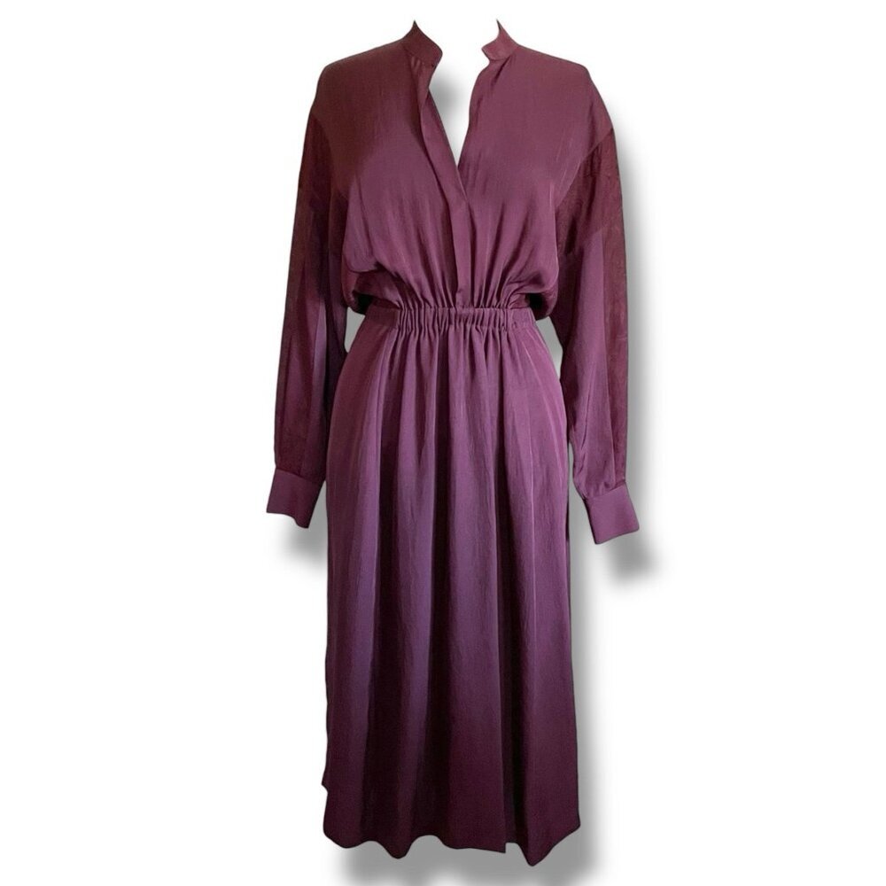 Vince Womens Midi Dress Sz Small Merlot Red Silk Jacquard Minimalist Blouson - Picture 2 of 12
